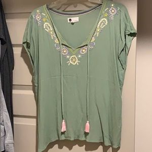 Embroidered Light Sage Green Top with Tassels